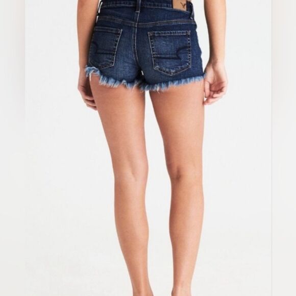 American Eagle Next Level Stretch Hi-Rise Shortie Frayed Distressed Denim Shorts - Picture 1 of 13